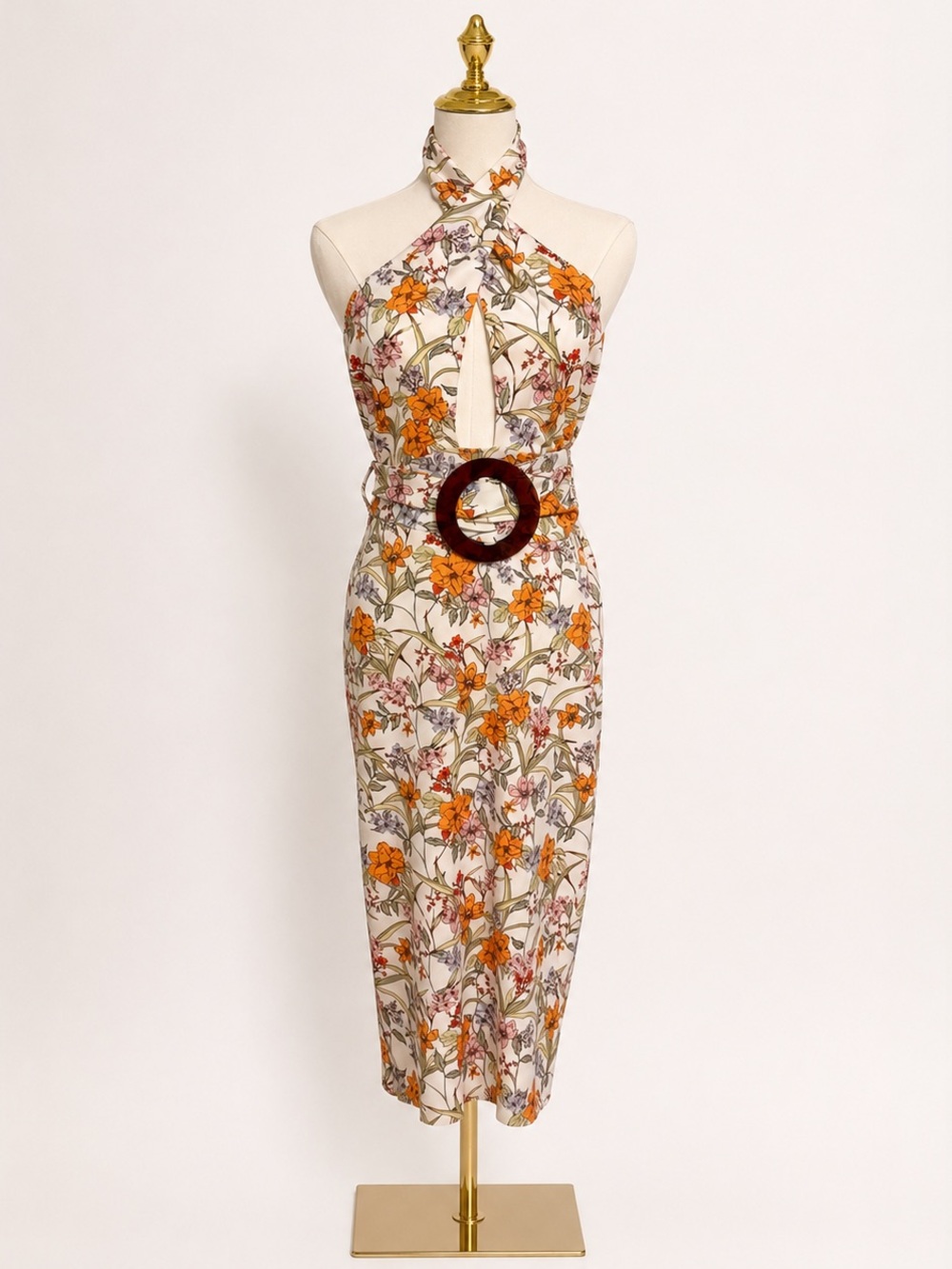 ASOS Cream Floral Halterneck Midi Dress with Orange Blooms